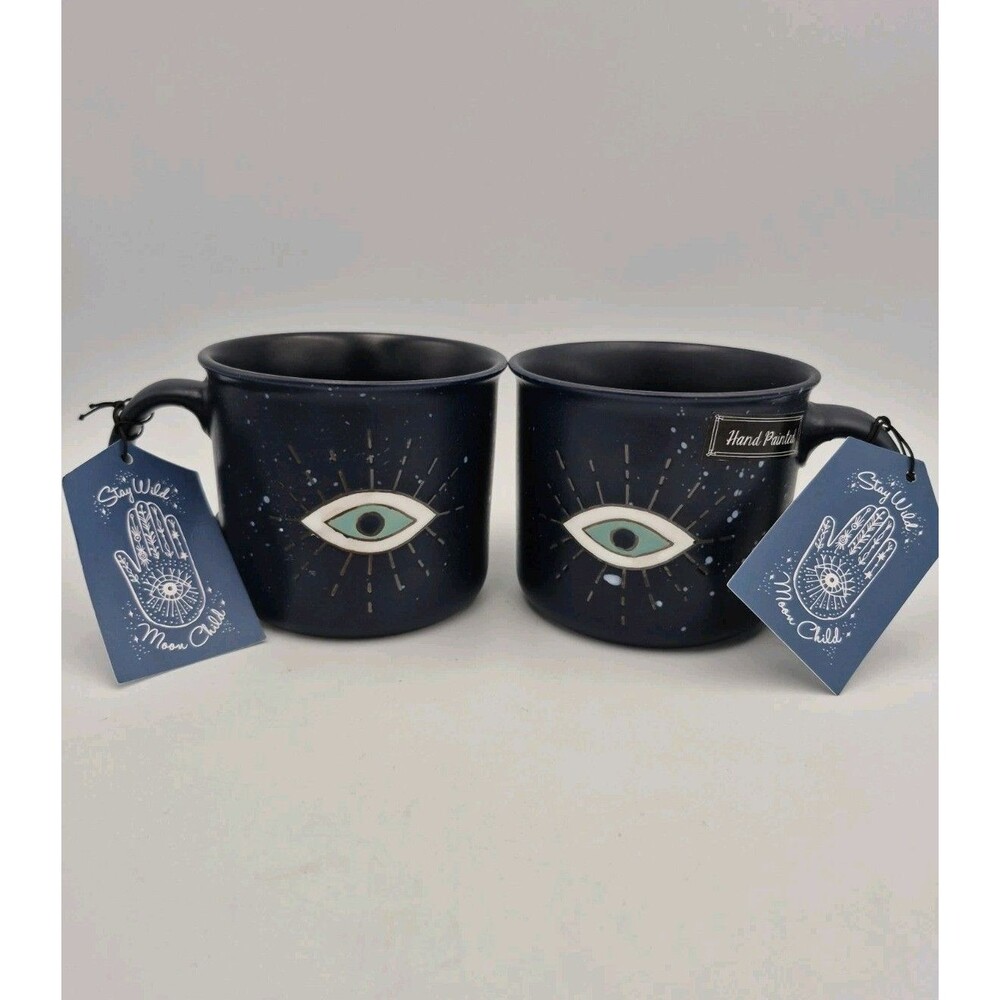 2 Stay Wild Moon Child Evil Eye Navy Blue Mugs Ceramic Hand Painted Mystical NEW